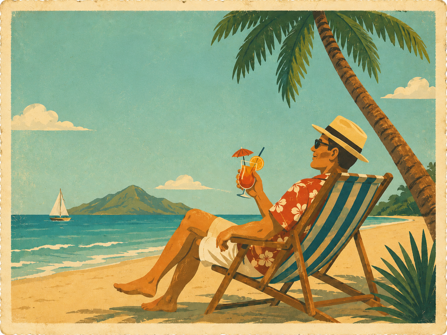 Person relaxing on a beach while the work gets done