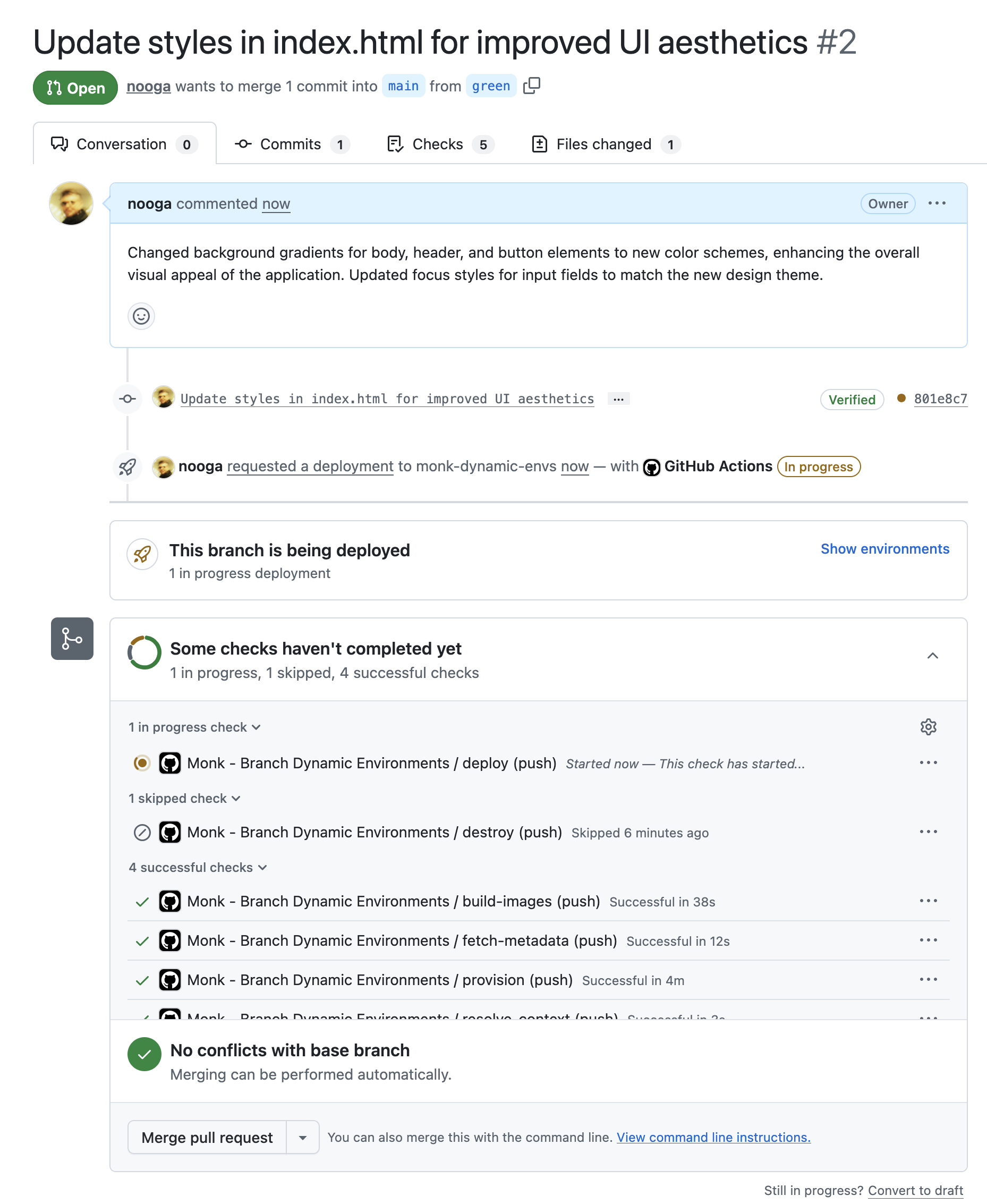 Capsule deployment status on a pull request, with live preview environment