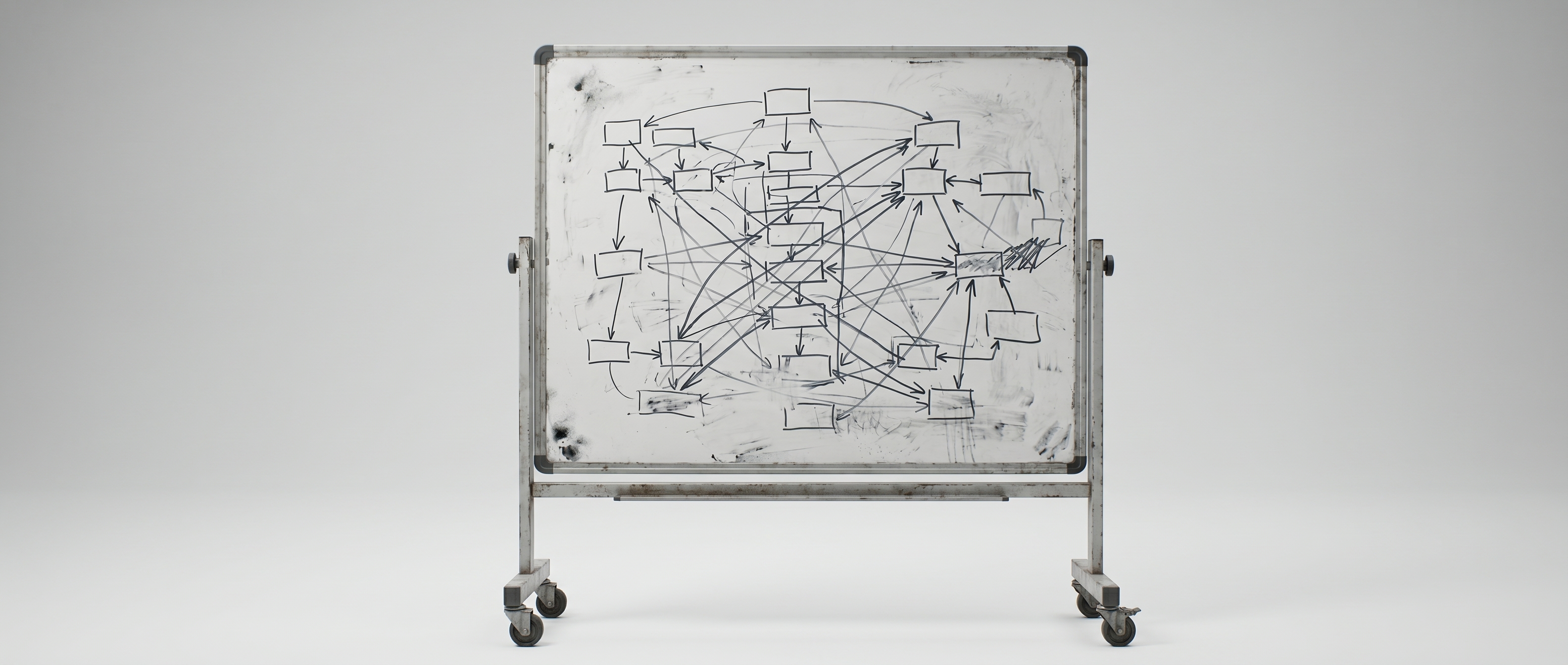 A worn mobile whiteboard filled with a chaotic ratsnest of boxes and arrows, edges smudged with ghosted marks from prior erasures, alone in an empty studio.