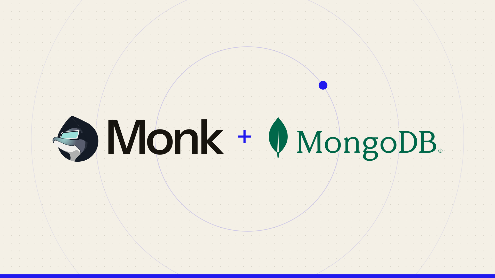 Monk and MongoDB logos on a parchment background with concentric orbit lines