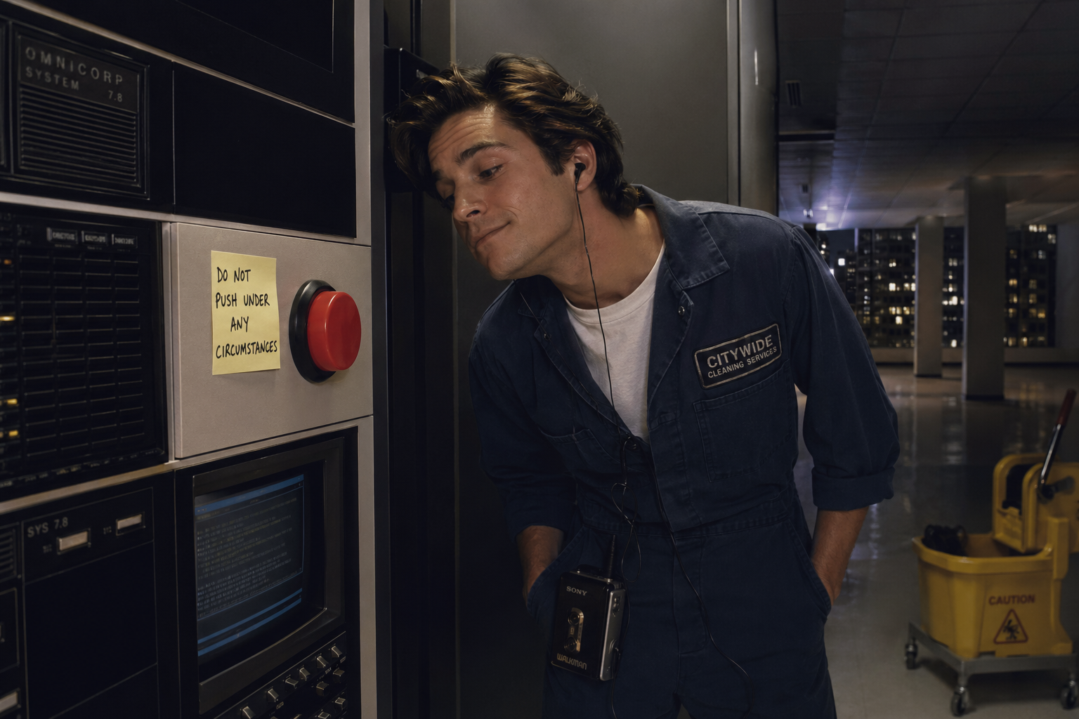 A maintenance worker leaning casually on a control panel next to a 'do not push' sign and a large red button